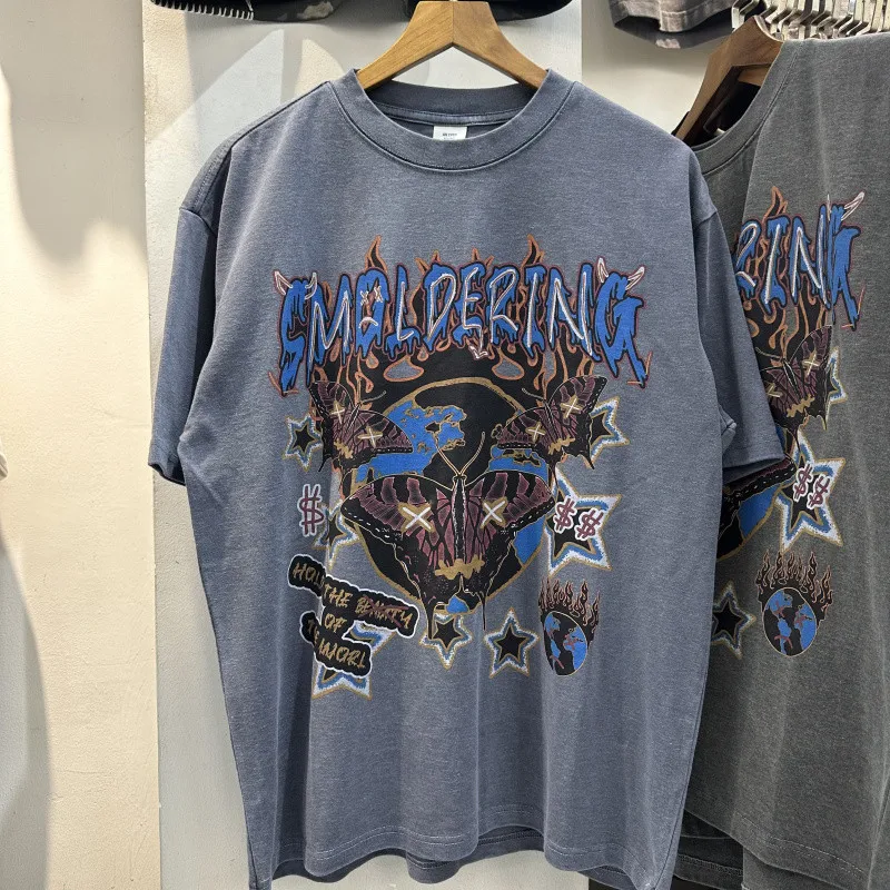 Flame Letters Earth Butterfly Print T Shirt Men Women American Loose Short Sleeve Small Collar Cotton T-shirt Tops