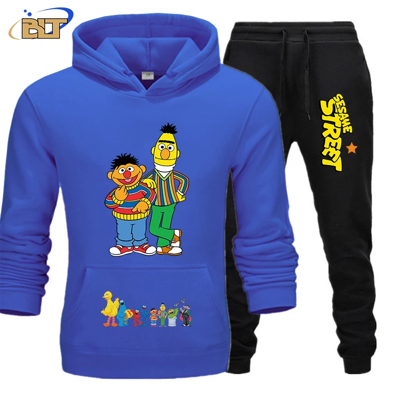 MINISO Sesame Street Printed Men's Hoodie Set Autumn and Winter Adult Sports Sweater Pants 2-piece Set