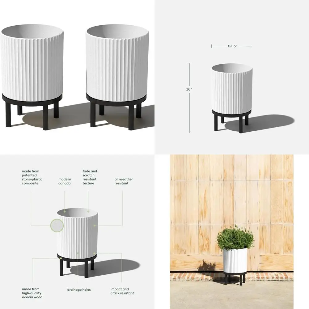 

Круглый пластиковый композитный горшок с камнями и деревянной подставкой для крыльца и патио — современный декоративный уличный цветочный горшок