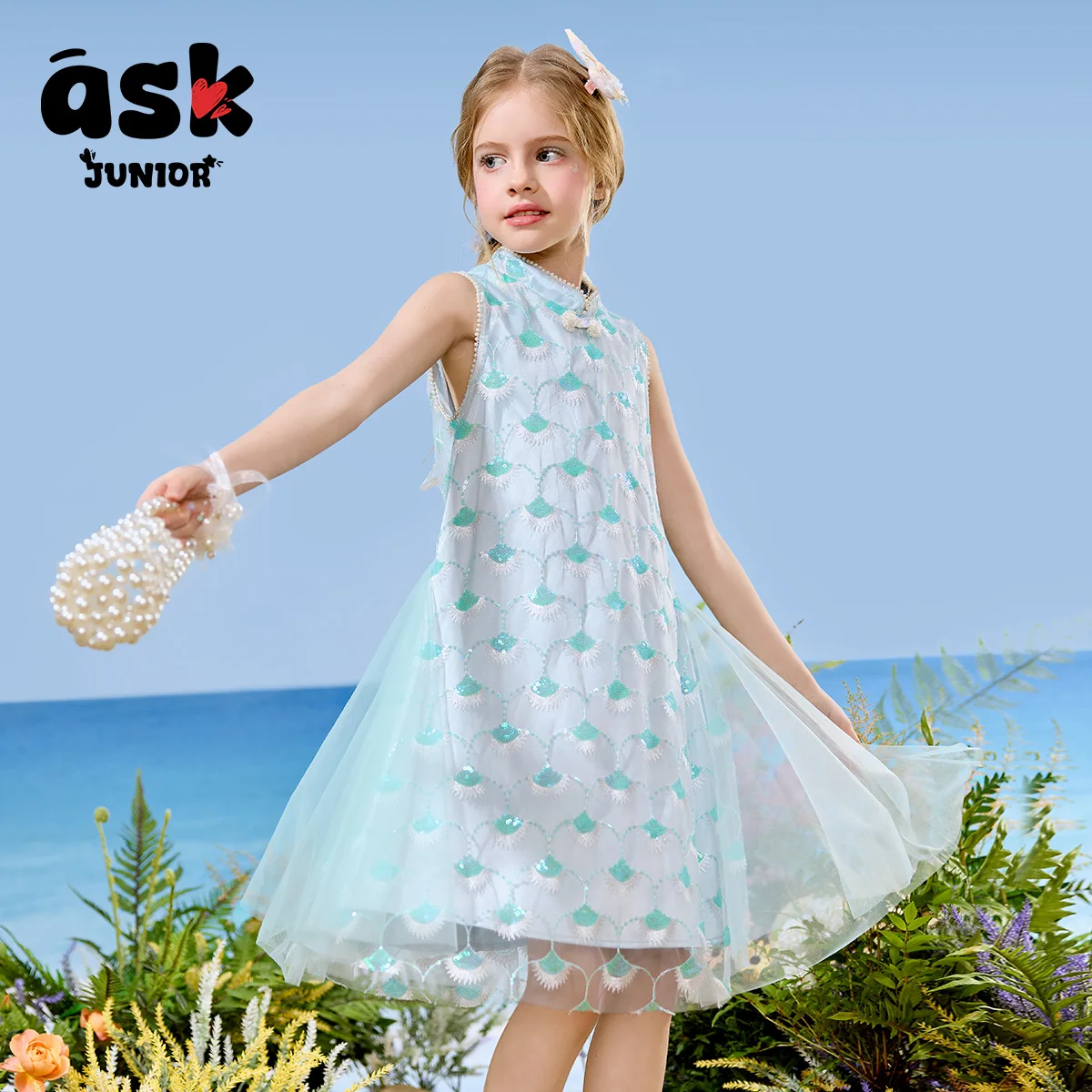 فستان الأميرة حورية البحر للفتيات الصيفية باللون الأزرق المطرز بدون أكمام وياقة واقفة #3