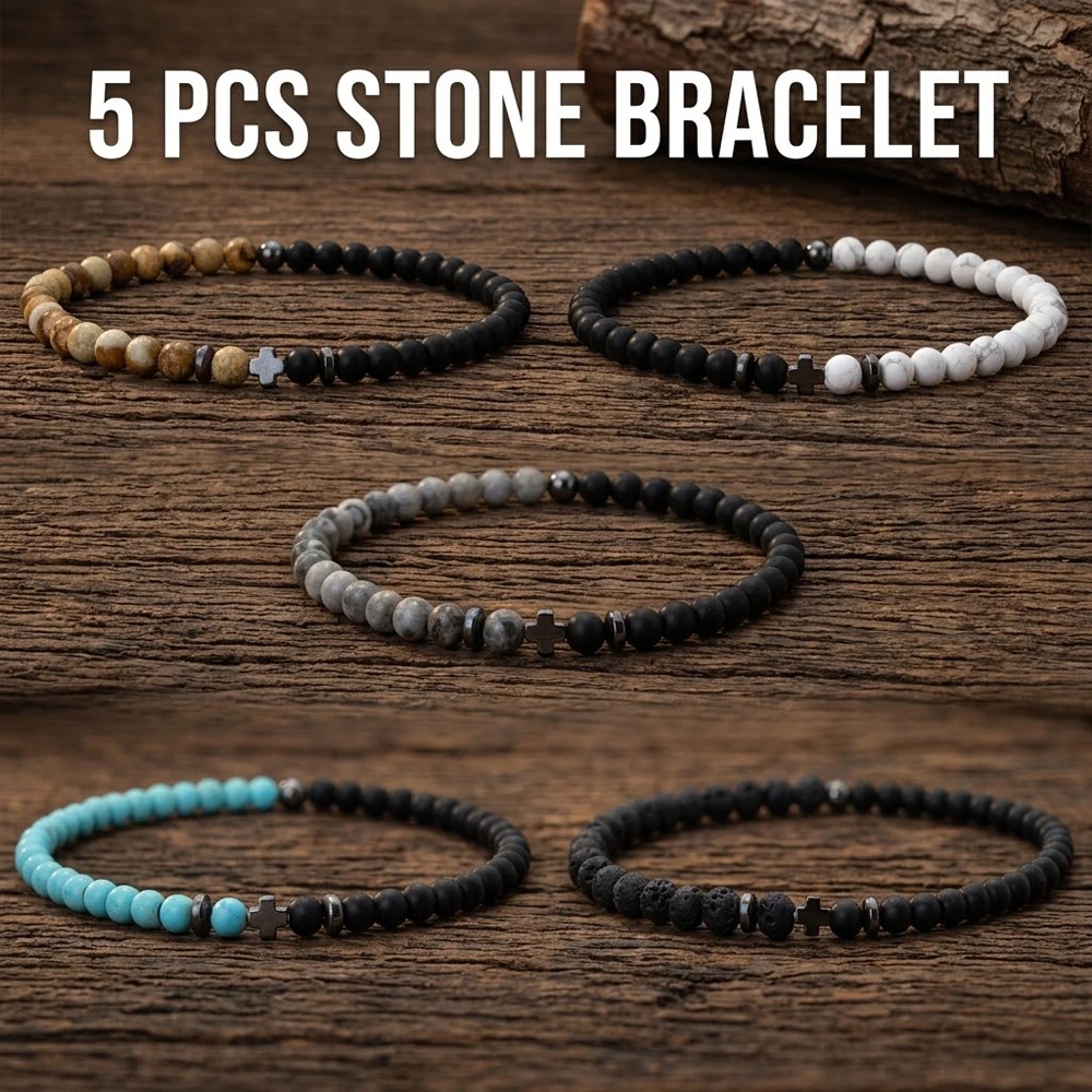 5Pcs/set New  Natural Stone Beads Bracelet Black Beaded Cross Charm Braelet Male Jewelry