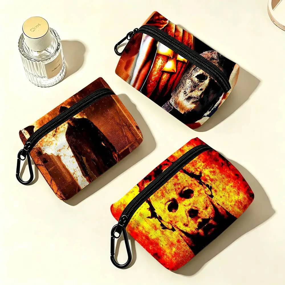 M-Michaels-M-Myers Horror Halloween Movie Compact Oxford Cloth Zipper Pouch Detachable Carabiner Mini Coin & Key Wallet