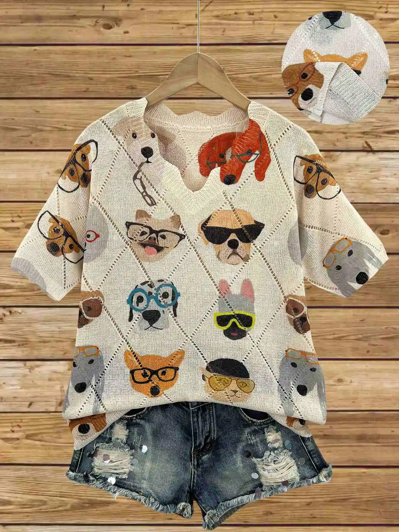 

Spring and summer fashion new style elegant and versatile V-neck short-sleeve crocheted women's top animal pattern flat digital