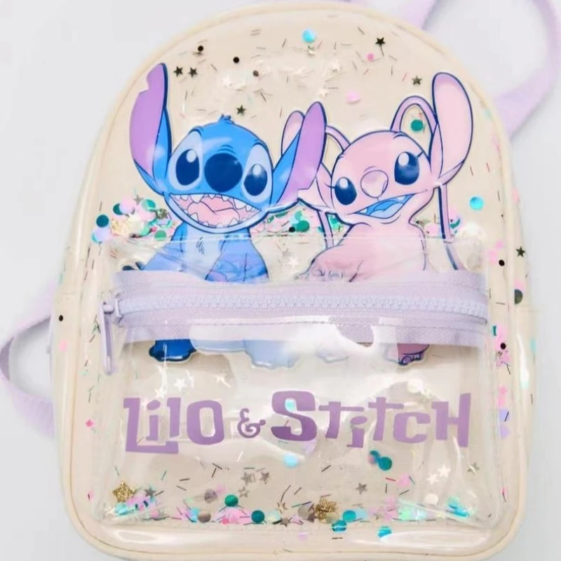 New Disney Off-white Stitch Printed Transparent Sequin Star Decoration Cute High-quality Backpack for Boys and Girls