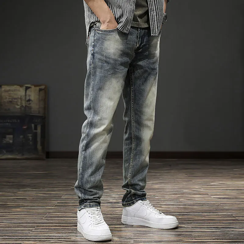 Fashion desainer pria Jeans kualitas tinggi Retro dicuci biru peregangan Slim Fit robek Jeans Pria gaya Italia Vintage celana Denim