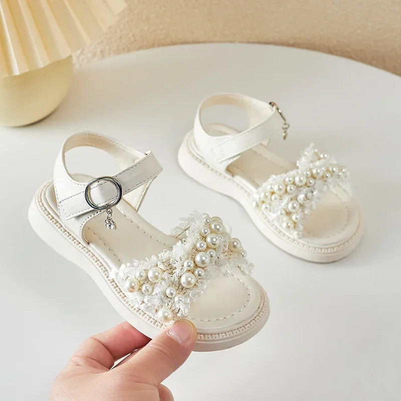 Girls Sandals Kids Summer Shoes 2025 Elegant Pearl Rhinestone Party Princess Shoe Flats Non-slip Casual Girl Beach Sandal