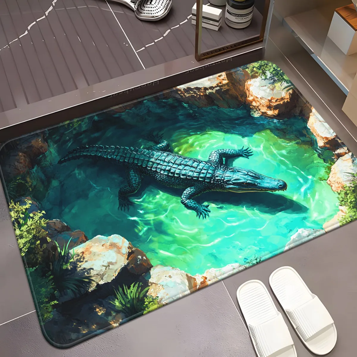 1pc Alligator in Underwater Scene HD Printed Non-Slip Door Mat - Absorbent Machine Washable Polyester Mat for Bathroom, Bedroom,