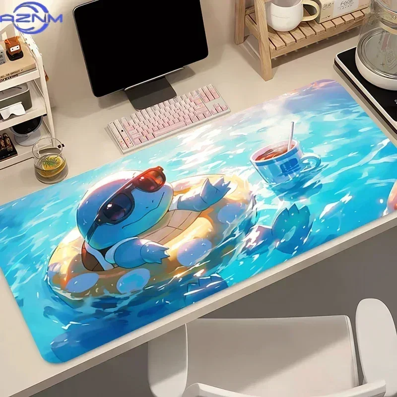 Large Extended Mousepad, Vivid Blue Water Splash Cartoon Turtle Art Desk Mat, Rubber Non-Slip Base, Waterproof Gaming Keyboard P