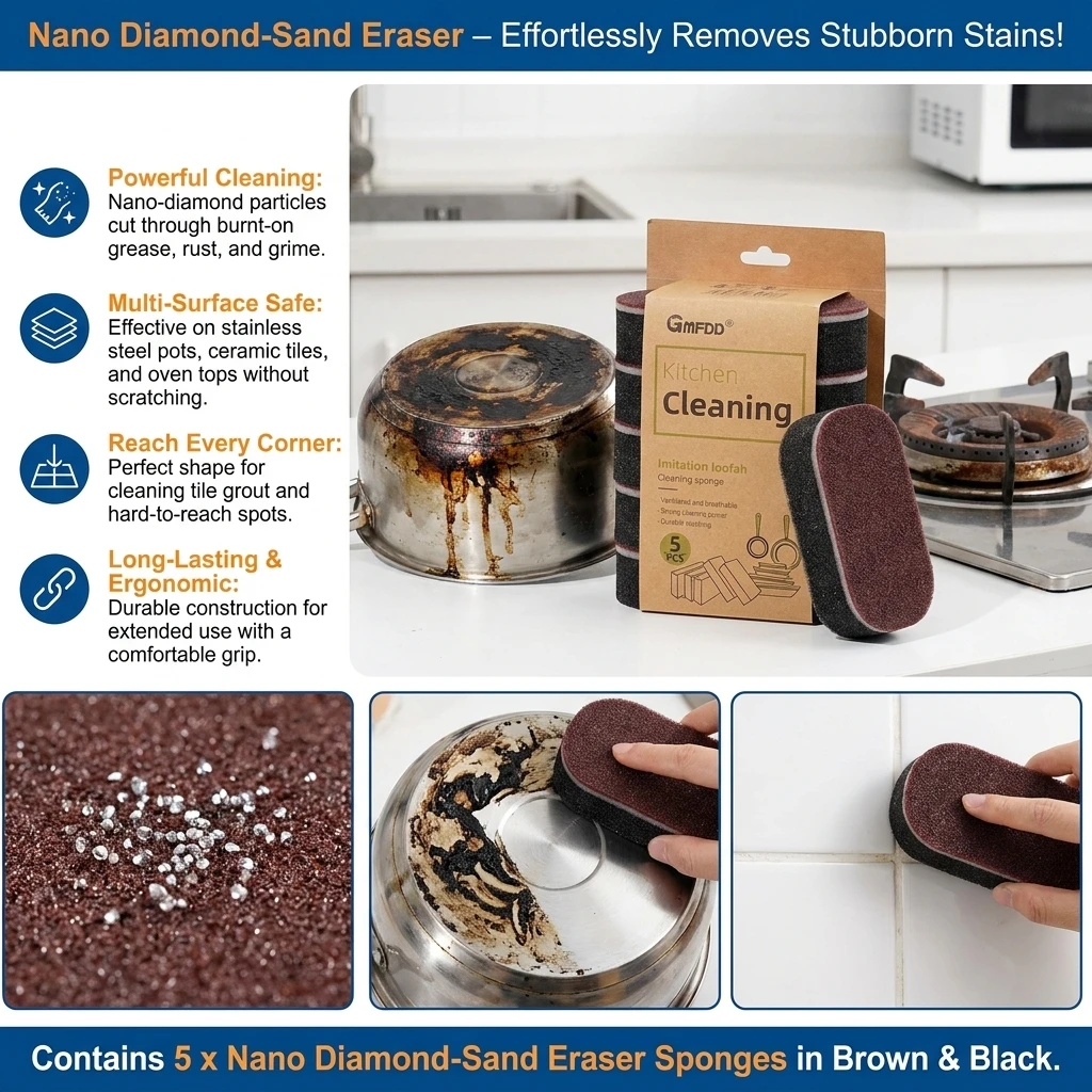 Cleaning Sponge Heavy Duty Kitchen Eraser for Homeowners Nano Diamond-Sand Scrub Pad Rust Remover Stainless Steel Cleaner