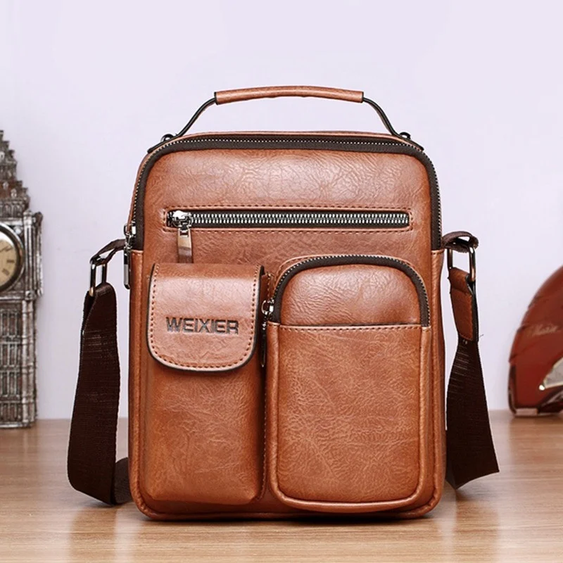 

Casual Men Leather Shoulder Bag Vintage Crossbody Bags Vertical Tote Bag Man Handbag High Capacity Male Messenger Bags