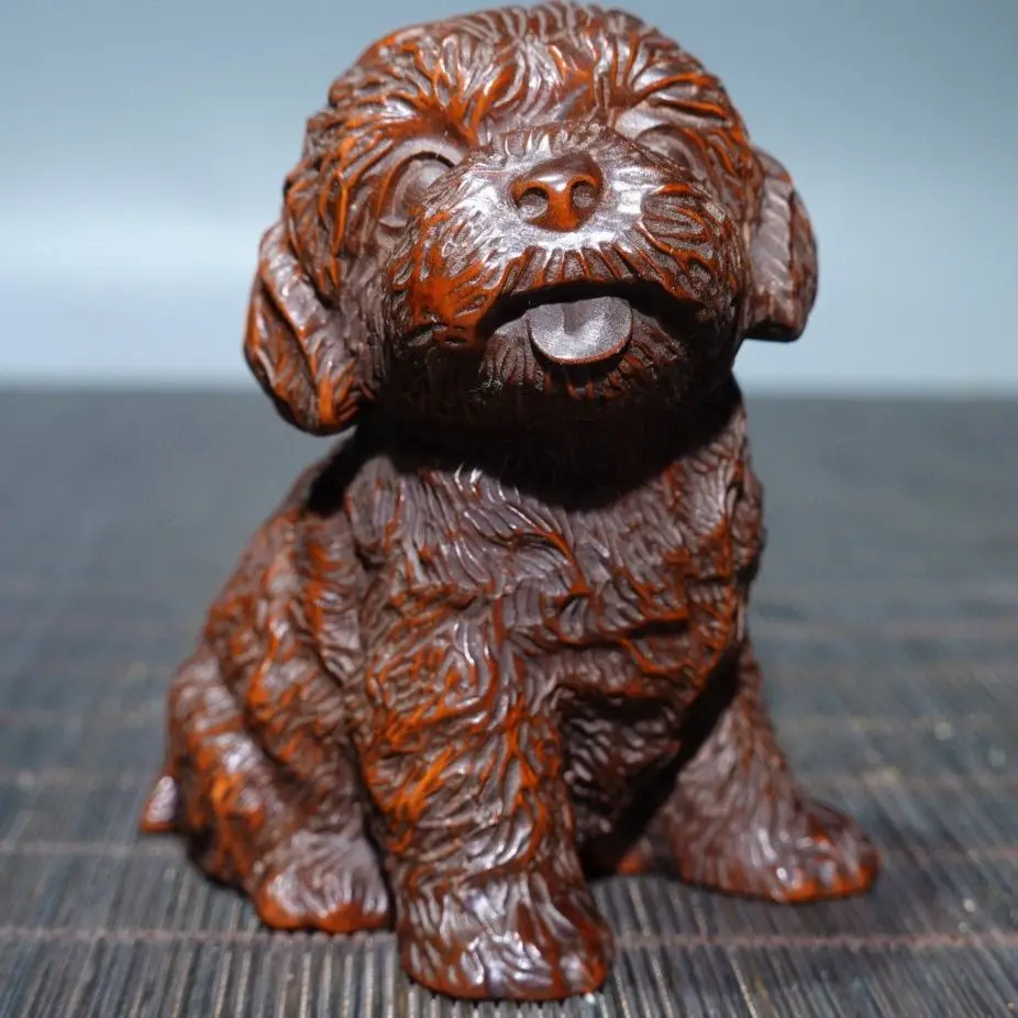 Hand Carved Wood Bichon Frise dog Statue Figurine Desktop Ornaments Home Decoration Crafts Tea Pet Decor