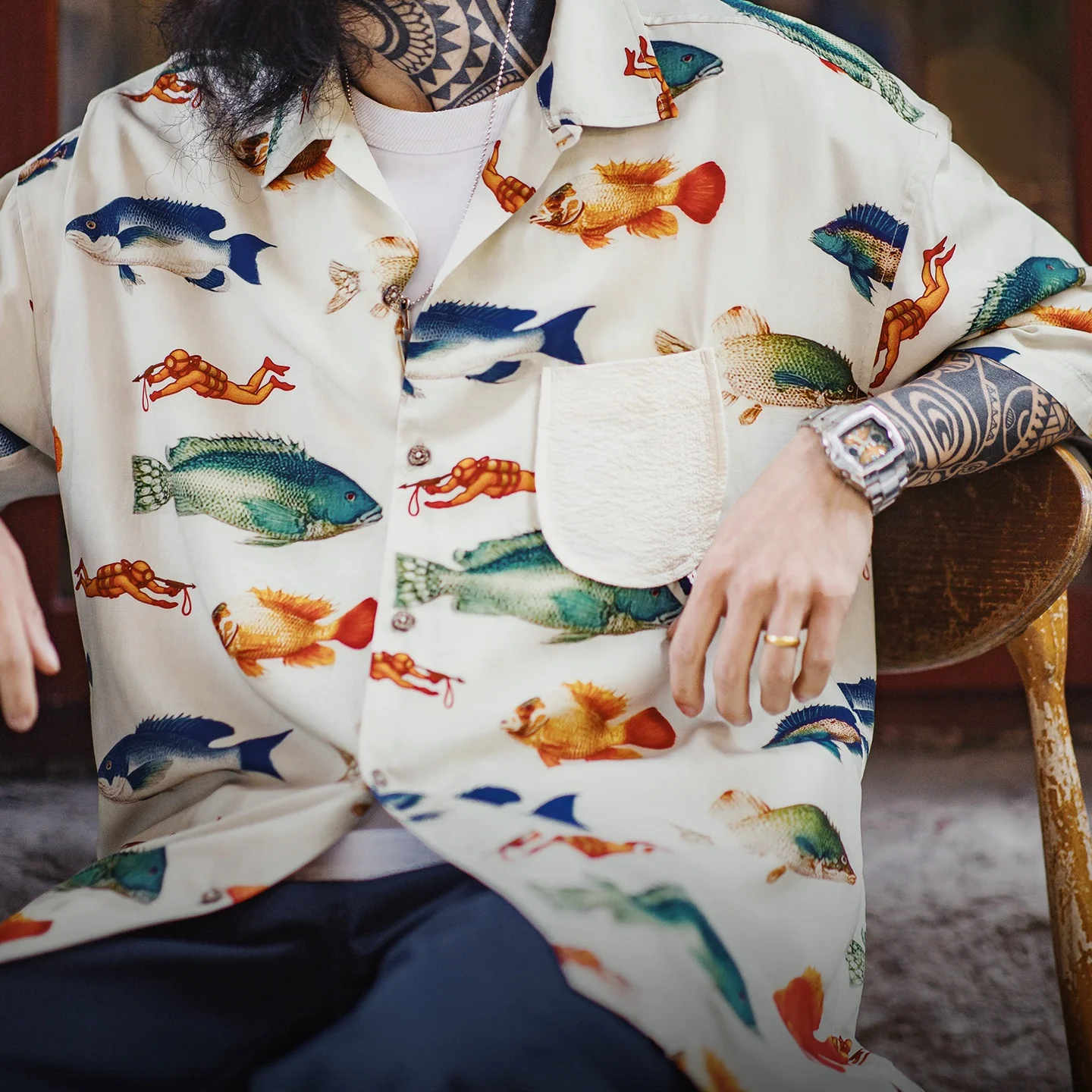 Maden Men's Retro Hawaiian Fish Print Cuban Collar Shirt Loose Short Sleeve Casual Lightweight Summer Beach Cuban Collar Shirts