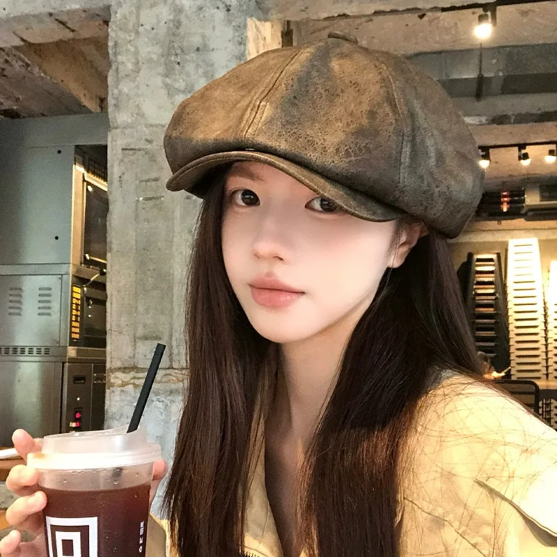 Retro Coffee Faux Leather Berets for Women Spring and Autumn Travel Leisure Versatile Show Face Little Literary Newsboy Hats