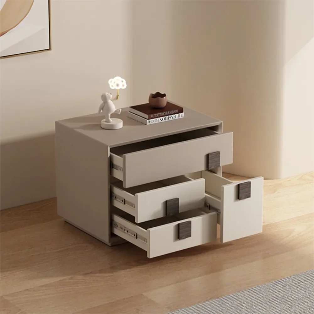 Light Luxury Modern All-solid Wood Bedside Table, Three-Layer Leather Bedside Table, Minimalist, Floor to Ceiling, Premium Bedro