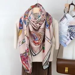 Double-Sided Wool Blanket Scarf Shawl Horses Print Womens Winter Warm Scarves Wraps 135*135cm