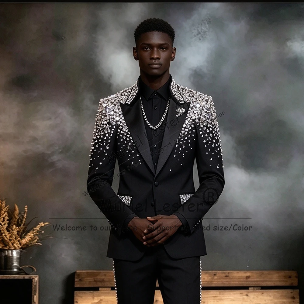 Luxury Men Suits 2 Pieces Sparkling Crystal Diamon Tuxedos Wedding Party Man Outfit Customized Groom Blazer Pants Costumes Homme