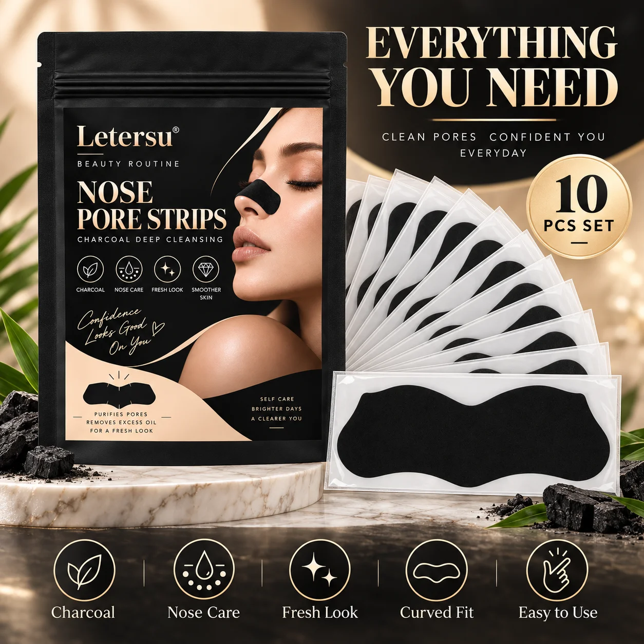 10PCS Charcoal Nose Pore Strips, Blackhead Remover Deep Cleansing Nose Patches, Oil Control Curved Fit Easy Use for Men Women