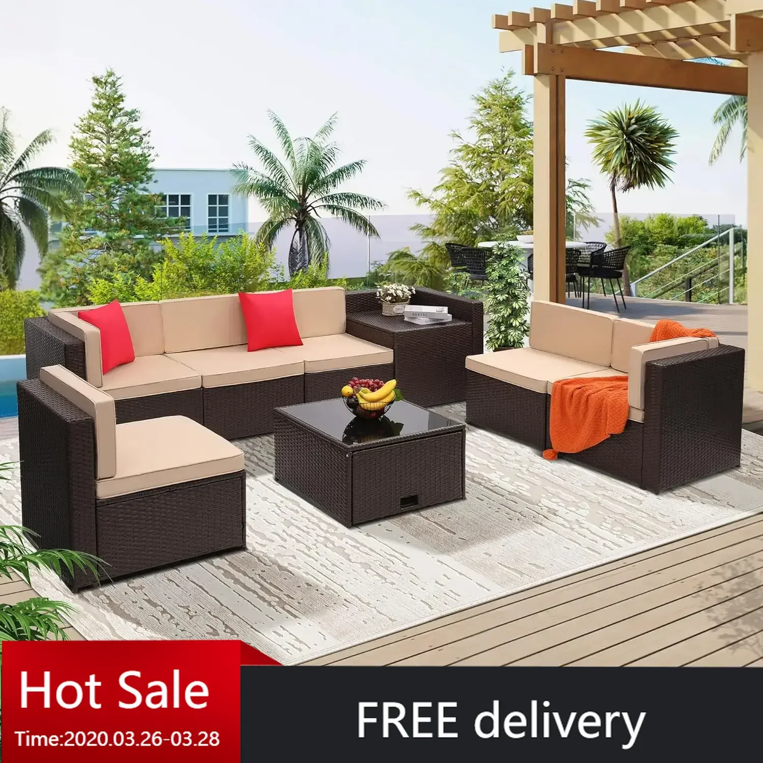 8 Pieces Outdoor Wicker Rattan Patio Furniture Sectional Set,Glass Top Table w/Hidden Storage,Brown Color Rattan w/Beige Cushion