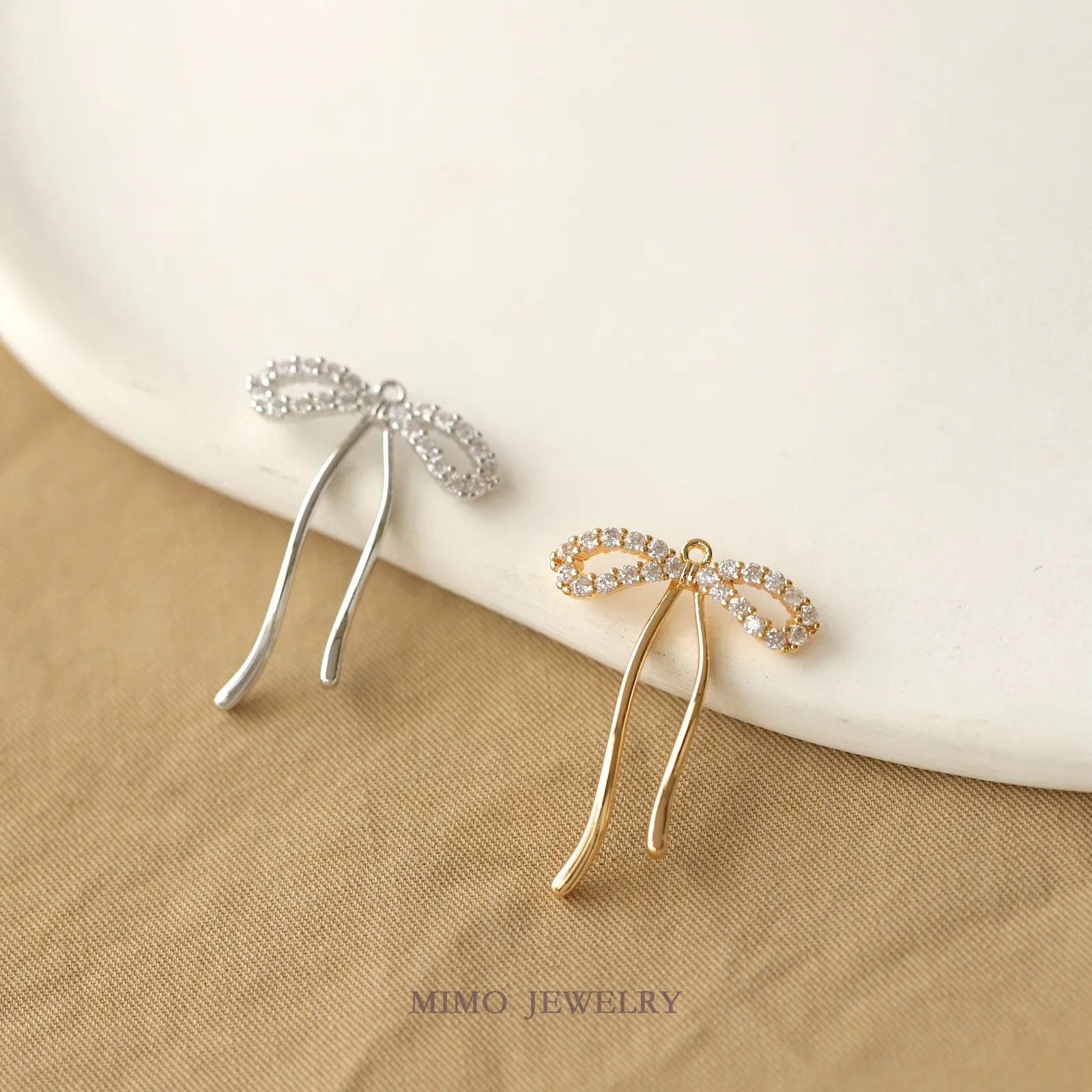 Micro Inlaid Zircon Long Ribbon Bow Charms Pendant Supplies DIY Hand Brass Gold Plated Accessories
