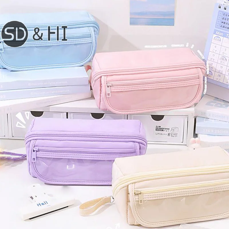 Multi-layer Portable Large Capacity Pencil Bag Simple Fashion Zipper Pencil Pouch Stationery Student School Supplies Gifts