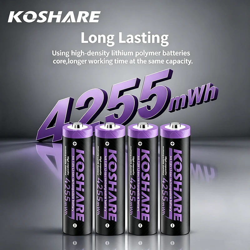 KOSHARE 1.5V Rechargeable Li-ion Batteries AA AAA 4255mWh 1100mWh Long Lasting Lithium Battery For Game Controller Flashlight