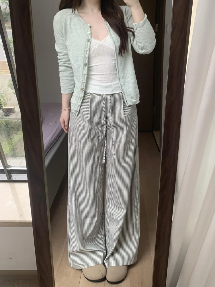 Lace Patchwork Striped Wide Leg Pants Women's Loose Slimming Straight Casual Long Trousers Spring Summer New Style
