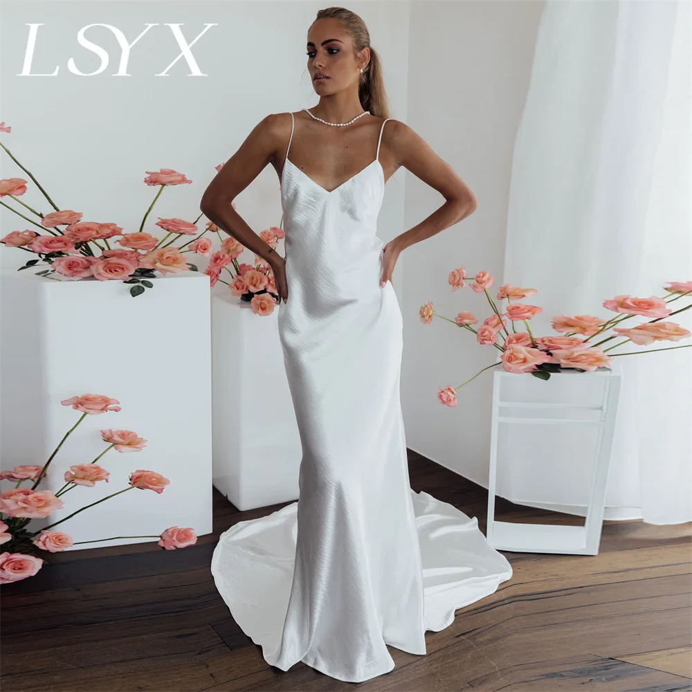 LSYX-Vestido de Noiva Sereia Sem Mangas, Decote Em V, Simples, Correias De Espaguete, Costas Abertas, Trem Tribunal, Até O Pavimento, Vestido De Noiva, Custom Made