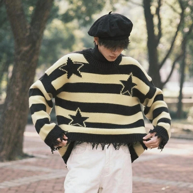 

Мужской и женский зимний вязаный свитер в контрастную полоску с круглым вырезом, готический панк, Y2K, толстовка с длинными рукавами и звездным принтом, высокая