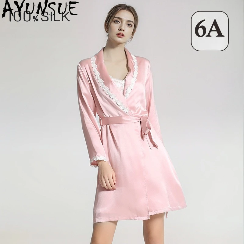 AYUNSUE 100% Real Mulberry Silk Robes for Women Spring Summer Pajama 19mm Silk Sexy Sleepwear Women's Home Clothes Халат Женский