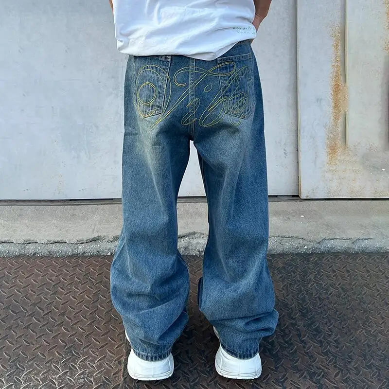 MWJLPWQ American Draped Printed Straight Jeans Unisex High Street Autumn Loose Washed Niched Design Male Casual Long Pants 12471