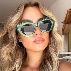 JNPCXI Ins Popular Fashion Oversized Cat Eye Women Sunglasses Green Stripes Retro Shades UV400 Men Trending Oval Sun Glasses