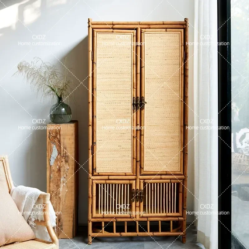 Modern Simple Rattan Wardrobe Japanese Style Natural Wicker Storage Cabinet Retro Bedroom Closet Organizer for Home Homestay
