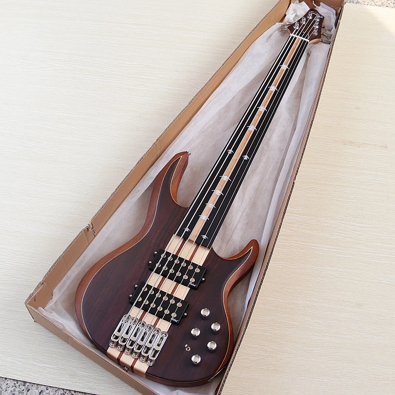 Bajo Eléctrico Activo de 6 Cuerdas sin Trastes, Mástil a Través del Cuerpo de 43 Pulgadas, Chapa de Rosa Mate con Interruptor Activo y Pasivo, Alta Calidad