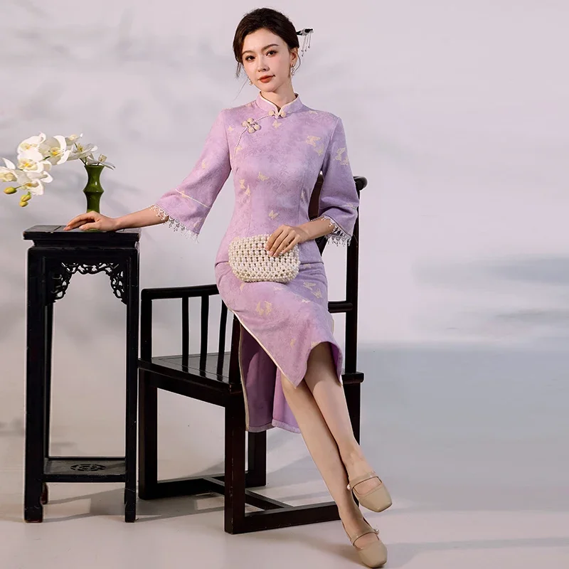 

2025 винтажное современное восточное женское фиолетовое роскошное платье Ципао, вечернее азиатское платье