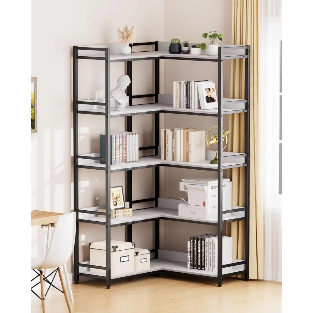 Large 5-Tier Corner Bookshelf - Modern Tall Corner Shelf Storage Display Rack with Sturdy Metal Frame - Perfect for Living Room