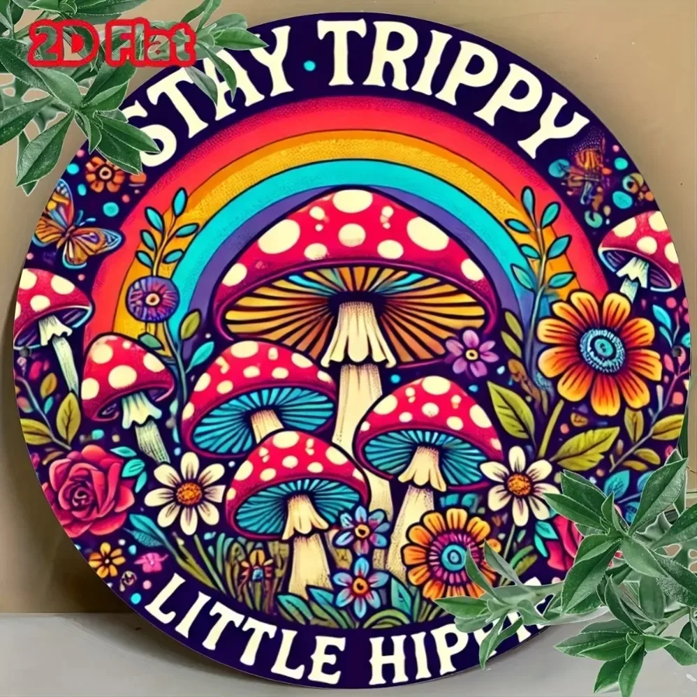 Vintage Round Metal Wall Art Sign – 2D Flat Psychedelic Hippie Mushroom Graffiti Design, Waterproof & Durable Decor for Bars