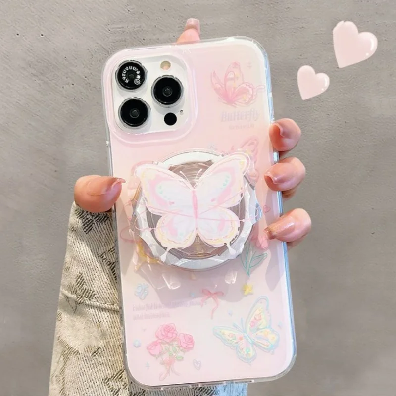 Magnetic rose butterfly phone case with holder For iPhone 11 12 13 14 15 16 17 Pro max