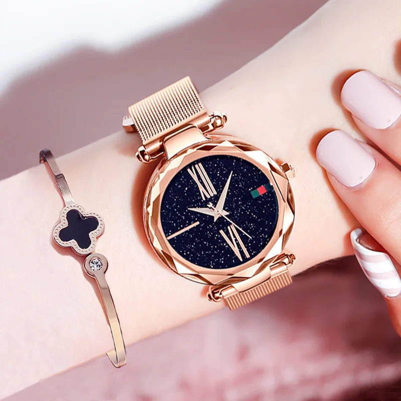 Montres de luxe en or rose pour femmes, minimaliste, ciel étoilé, aimant, mode décontractée, montre-bracelet féminine, étanche, chiffre romain