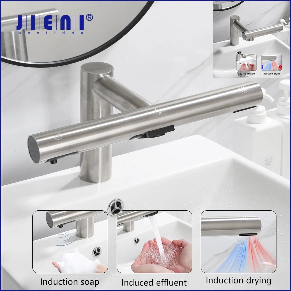 

JIENI Nickel Brushed Bathroom Sink Faucet Smart Stainless Steel Faucets Multi Functional Integrated Soap Dispenser Tap Dryer