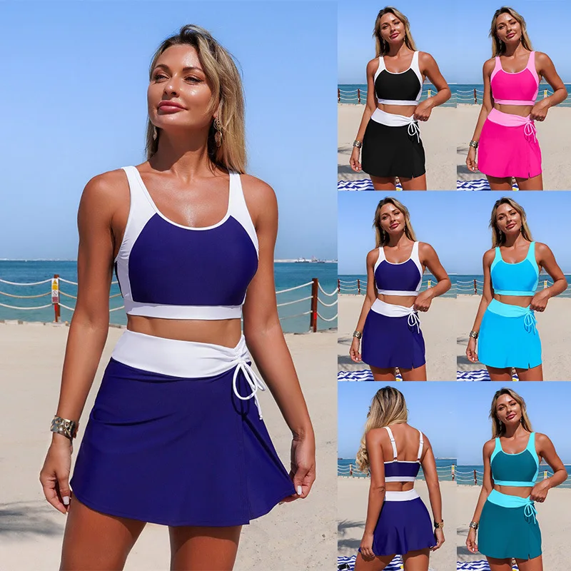 2026 Hot Sale Cross Border Swimwear | Women's Nylon Color Block Skirted Split Swimsuit with Pockets
