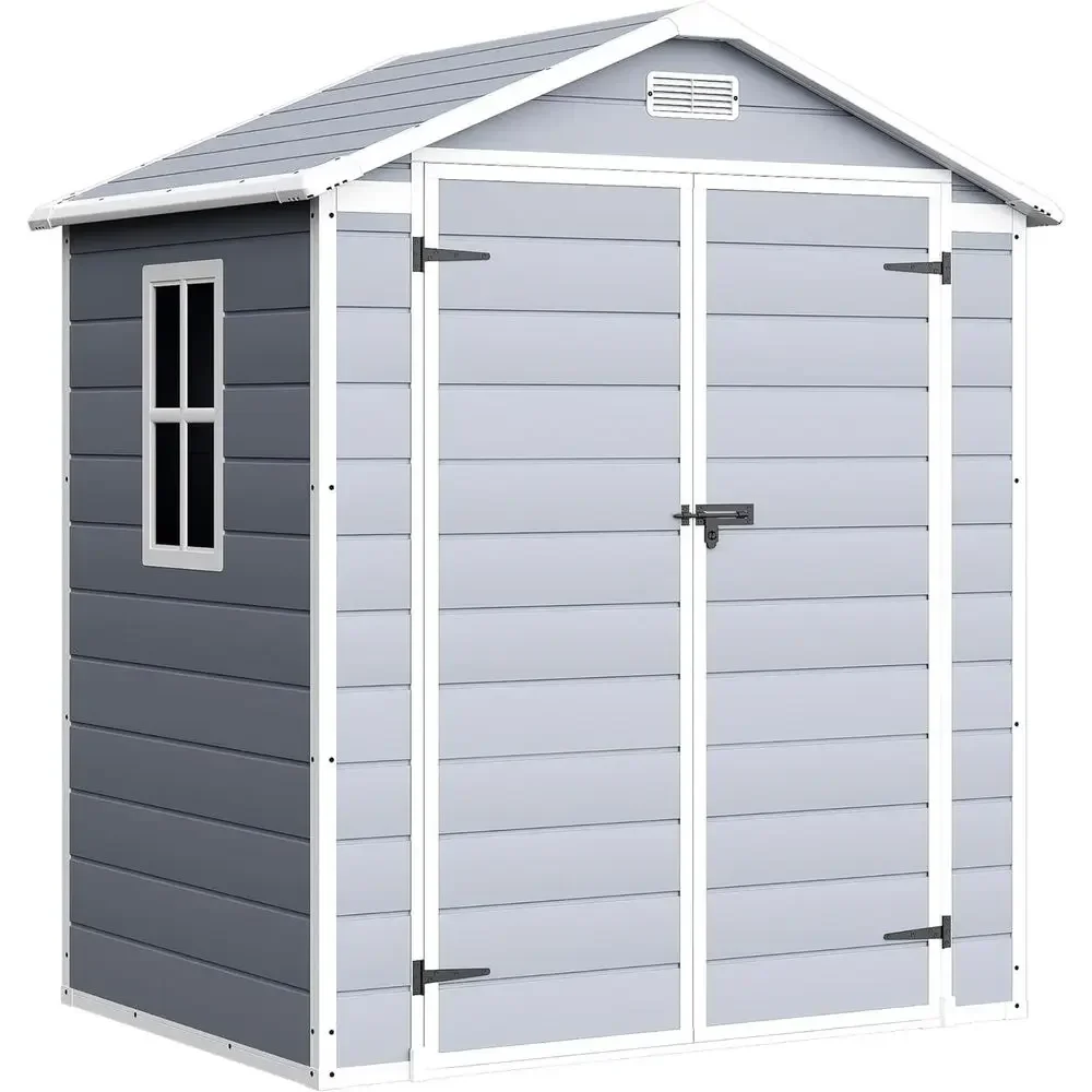 Light Grey 6x4 ft Outdoor Plastic Storage Shed with Floor, Window, and Lockable Door