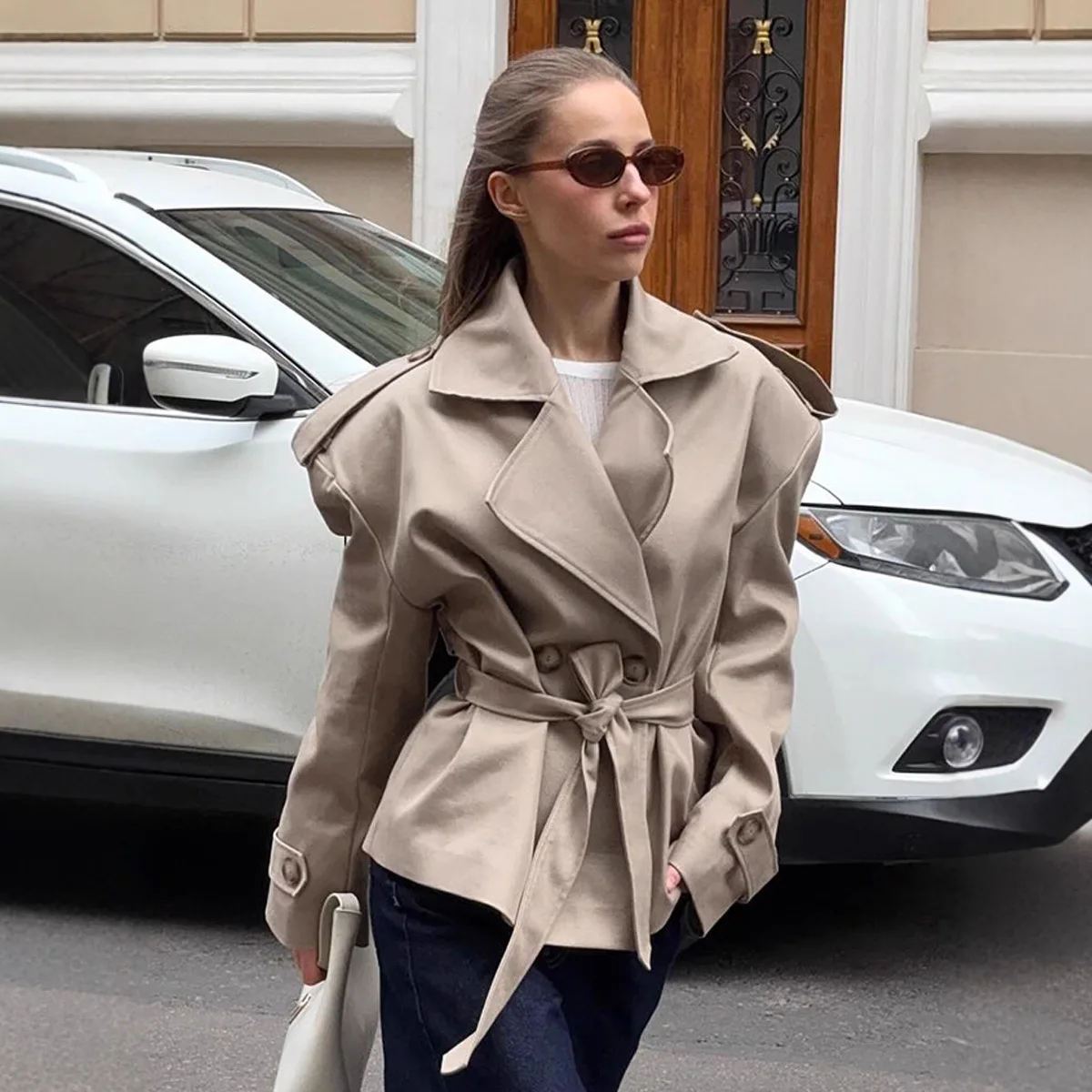 Texture Cargo Style Cotton Casual Trench Autumn and Winter Women's Retro Lapel Double Row Buckle Waistband Design Travel Jacket
