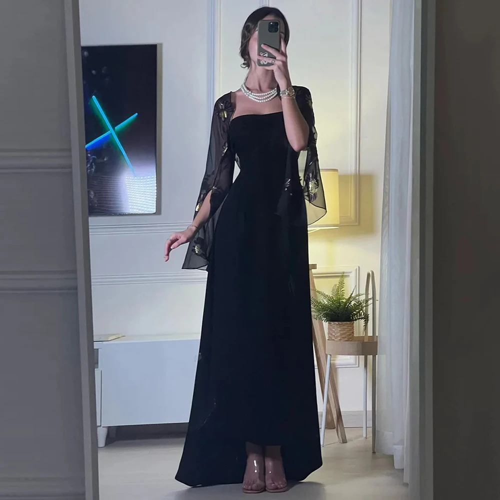 Customized Fashion Sexy Spaghetti Balck Jersey Prom Gown Women Cape two Pieces Backless Floor Length Evening Dresses