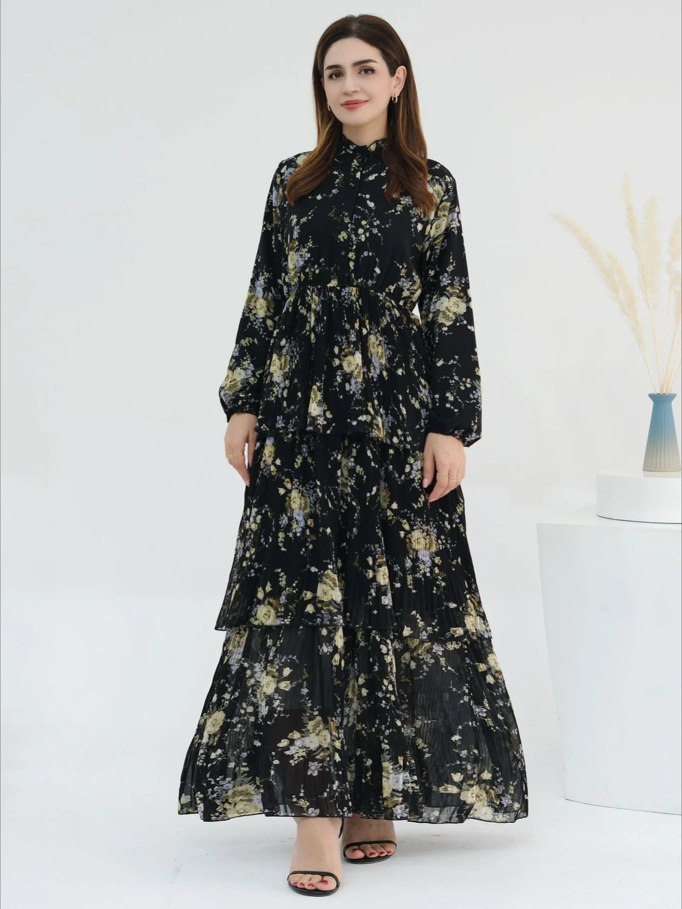 

Eid Women Party Dress Muslim Chiffon Floral Print Abaya Jalabiya Ramadan Long Dresses Vestidos Largos Kaftan Arab Long Robe