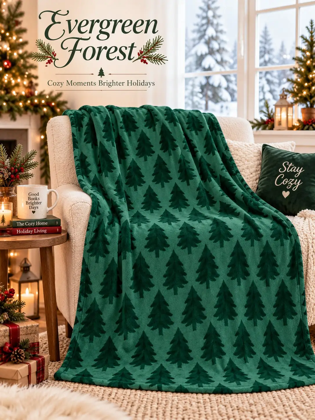 Christmas Flannel Blankets & Throws Evergreen Pine Tree Forest Design Winter Bedding Sofa Couch Bed Living Room Bedroom Home Decor Fireplace Cabin Lounge Nap Holiday Gift for Family Friends Housewarming Occasion Reading Movie Night RV Travel Camping