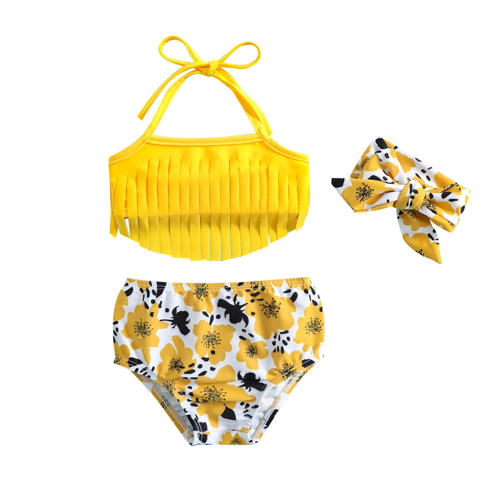 Flower and Butterfly Toddler Infant Baby Girl Bikini Swimwear Tassels Two Piece Swimsuit Halter Bathing Suit 0-24M 2-4Y 3pcs/set