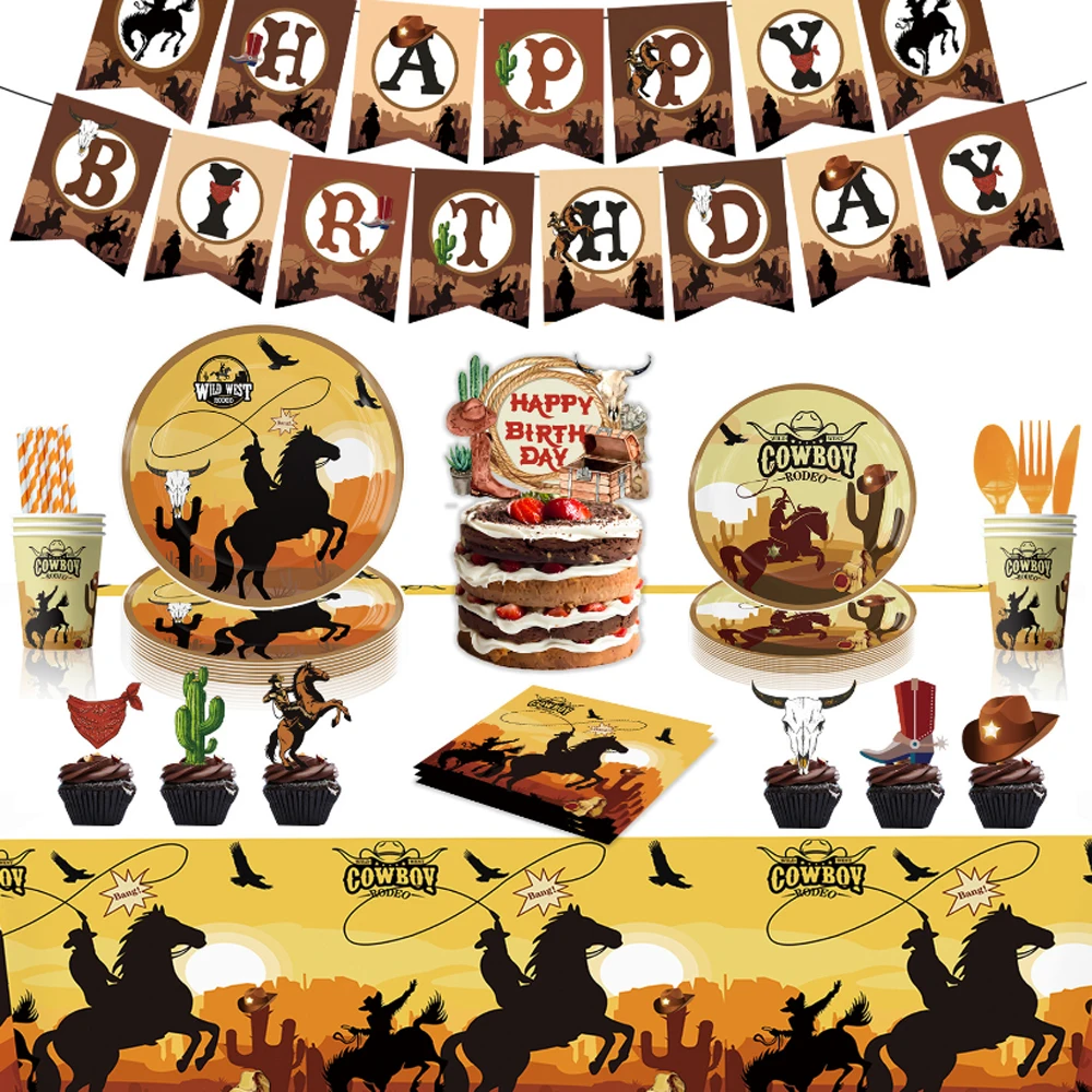 

Brown Western Cowboy Theme Party Decorative Tableware Paper Plate Cup Table Cloth Paper Napkins Cake Insert Birthday Supplies