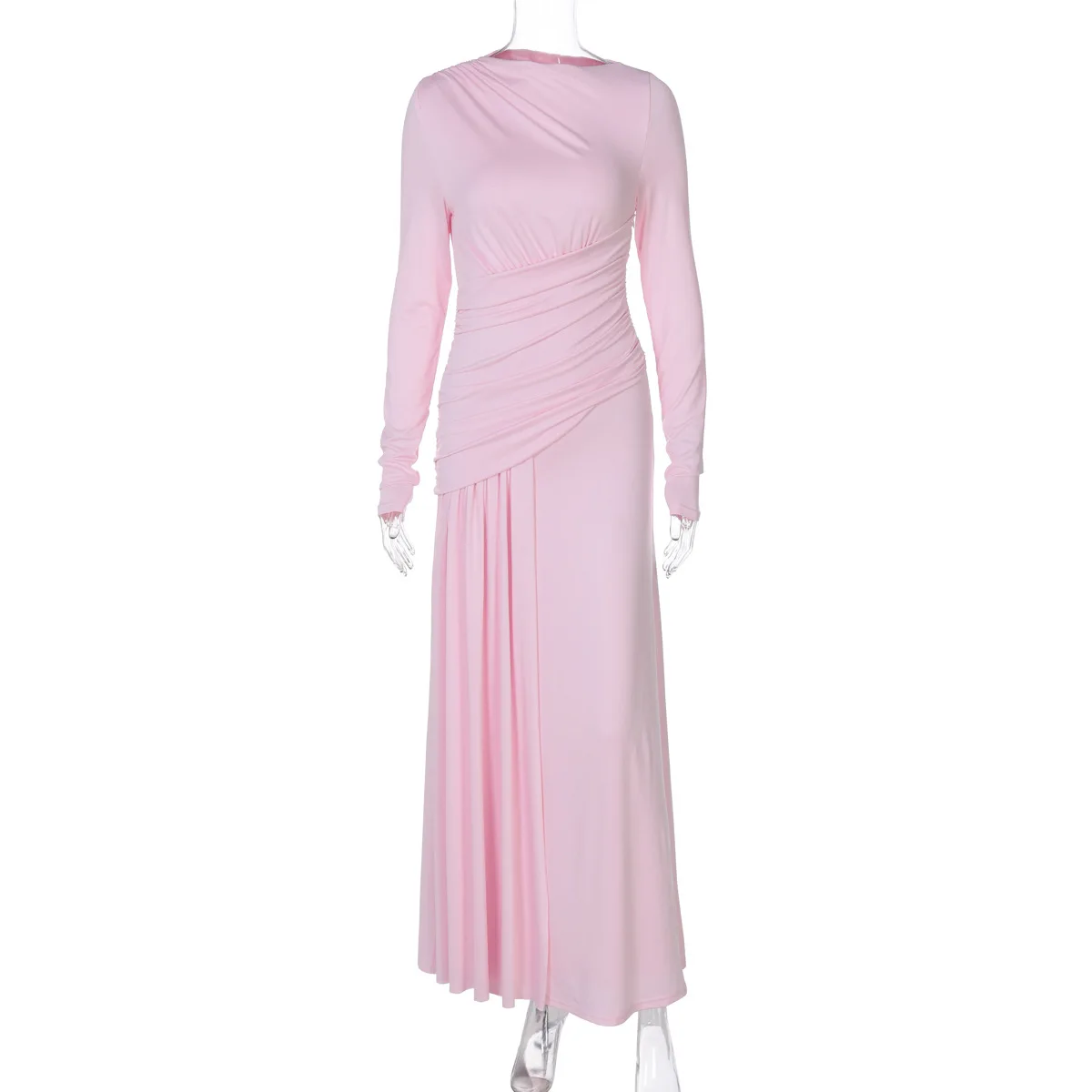 Elegante roze onregelmatig geplooide maxi jurk dames O-hals lange mouw gerimpelde bodycon lange jurk 2026 dames club avondfeest jurken - afbeelding 2