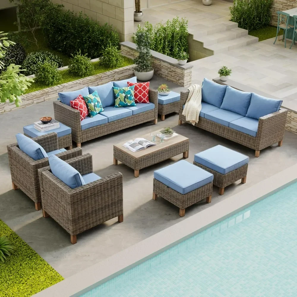 9 Pieces Outdoor Patio Furniture Sets, Wicker All Weather Sectional Sofa with Metal Top Coffee Table, Rattan Conversation Set