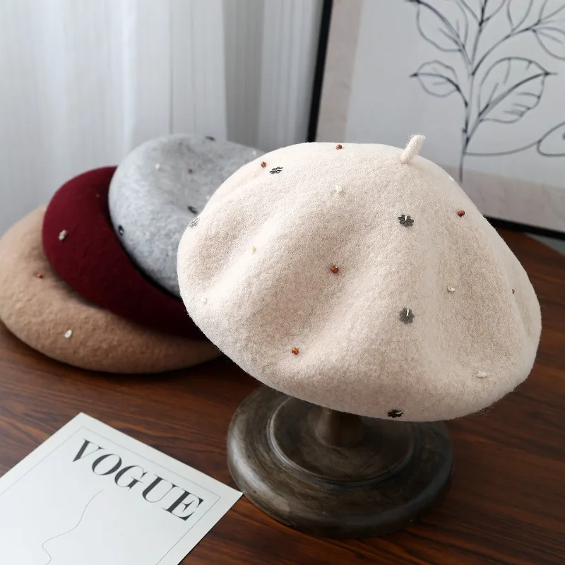 

Ручная работа, декоративный шерстяной берет с камнями, женская зимняя шапка, универсальные повседневные шапки художника, темпераментная модная теплая шапка с тыквой